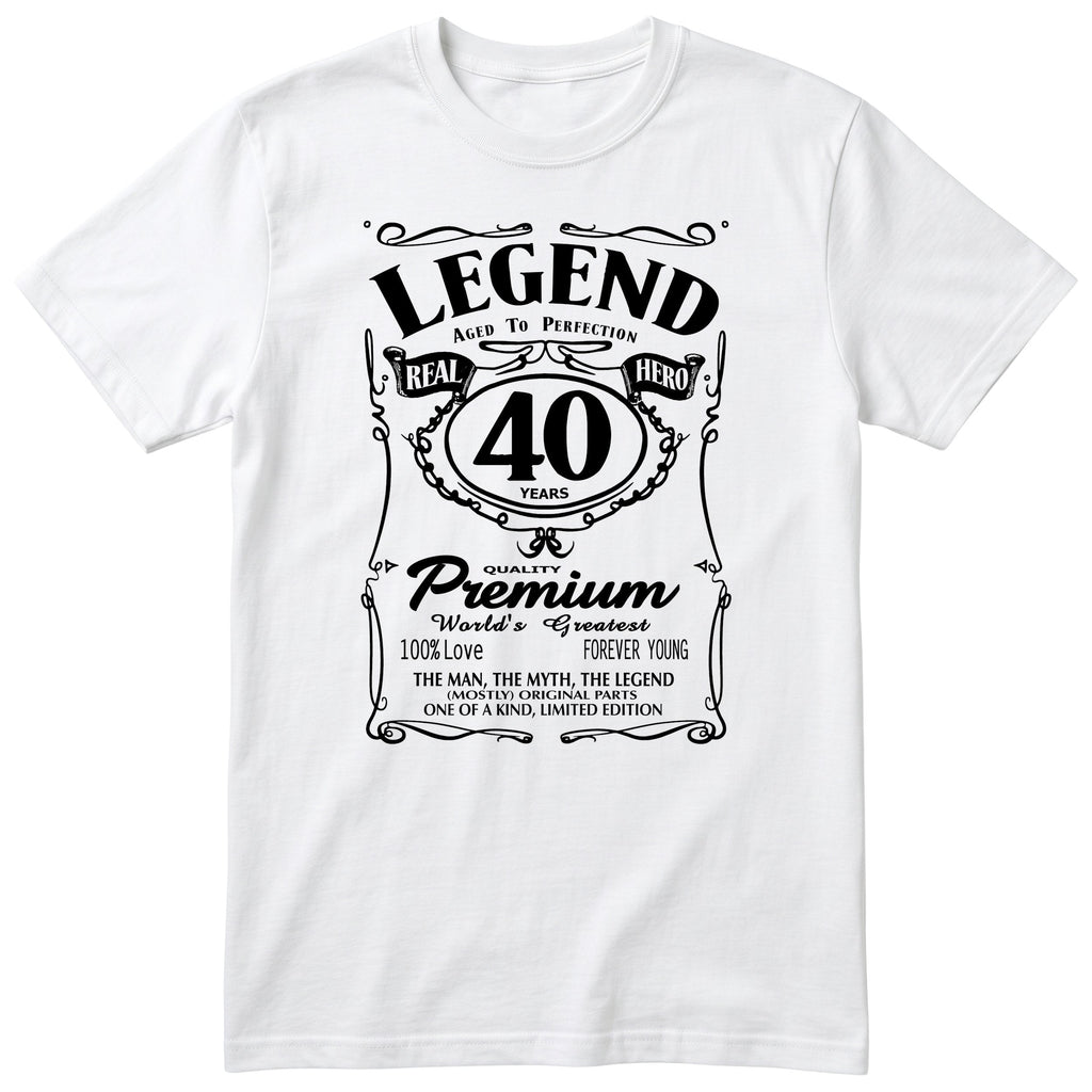 Legend 40th Birthday T-Shirt - Retro Label Gift for Him - White