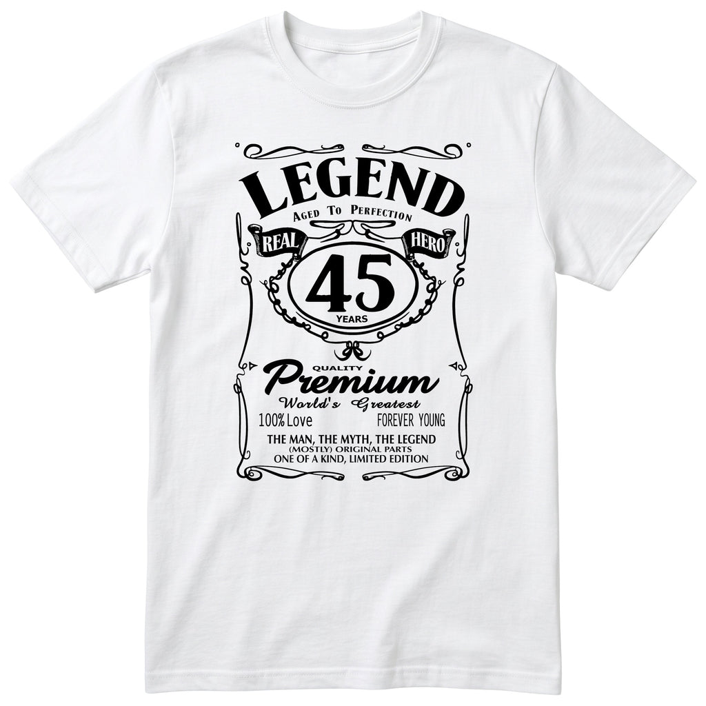 Legend 45th Birthday T-Shirt - Retro Label Gift for Him - White