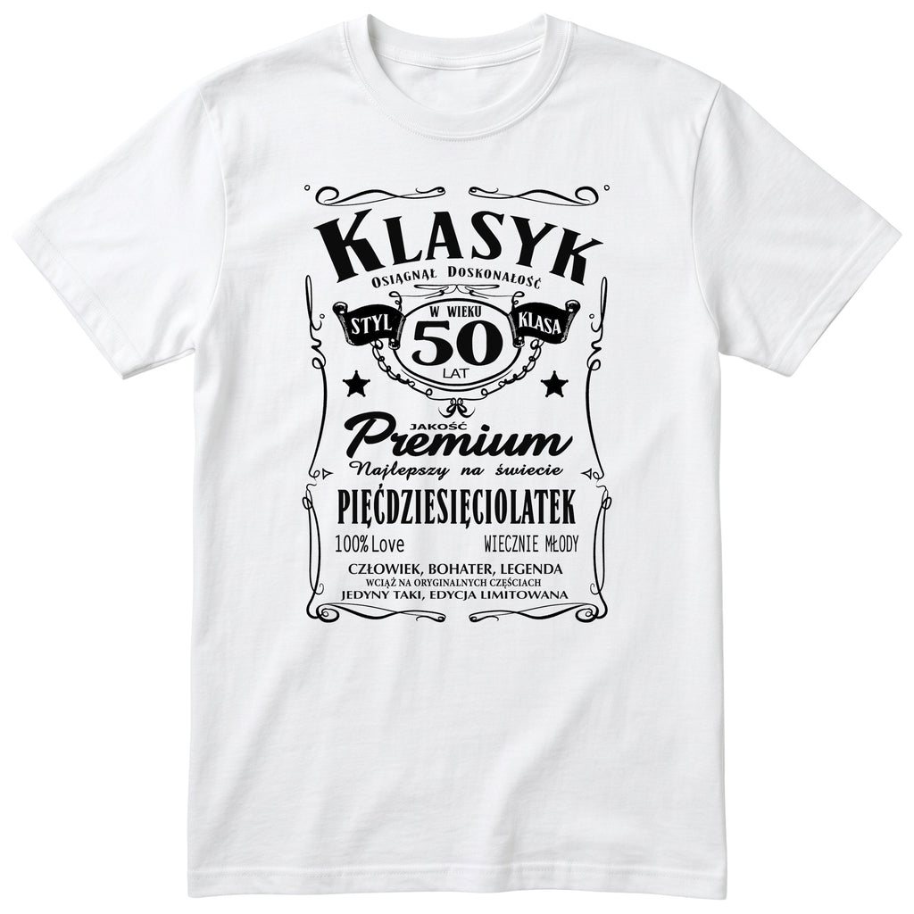 Śmieszna polska koszulka urodzinowa na 50 lat dla mężczyzny - vintage label design Klasyk Człowiek Bohater Legenda