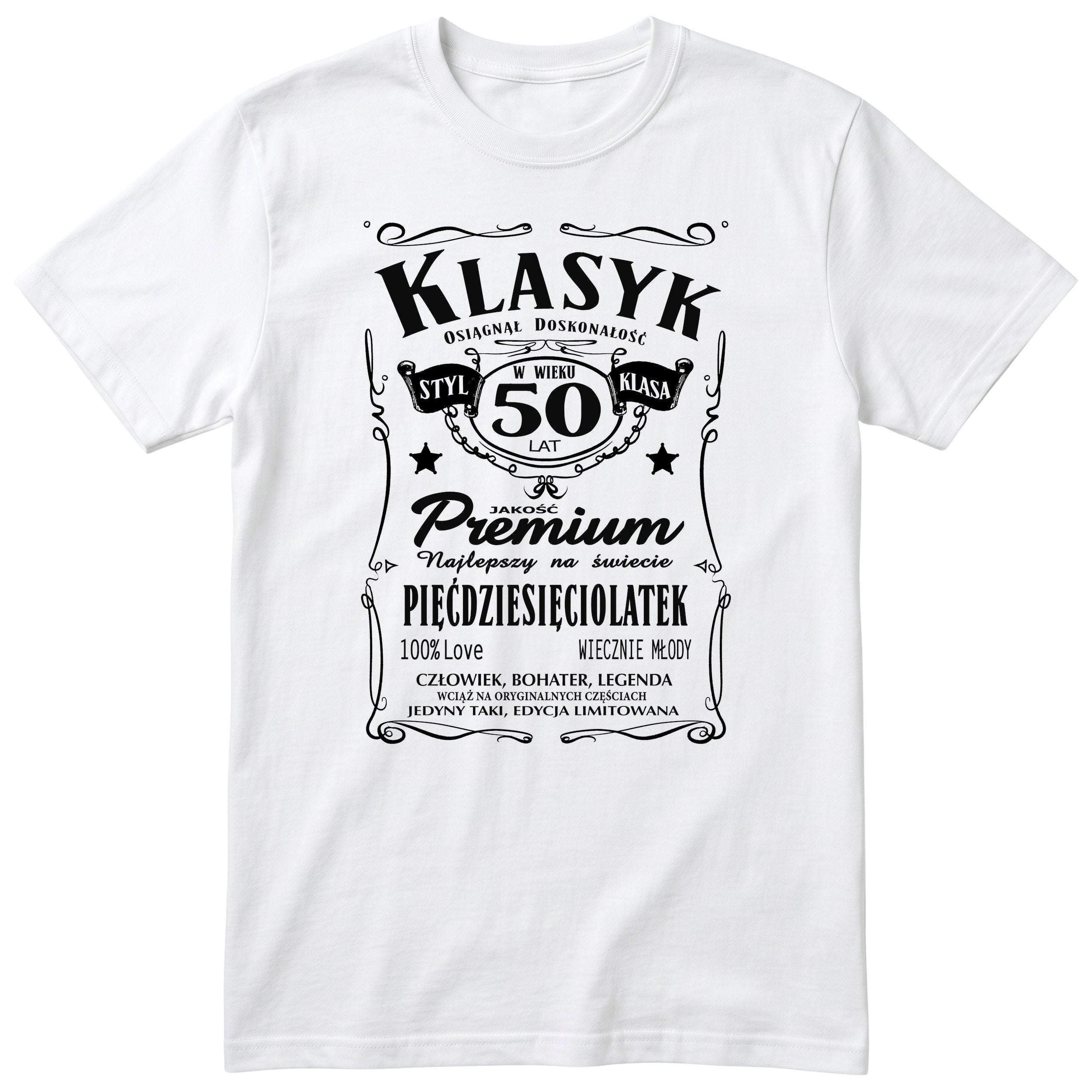 Śmieszna polska koszulka urodzinowa na 50 lat dla mężczyzny - vintage label design Klasyk Człowiek Bohater Legenda