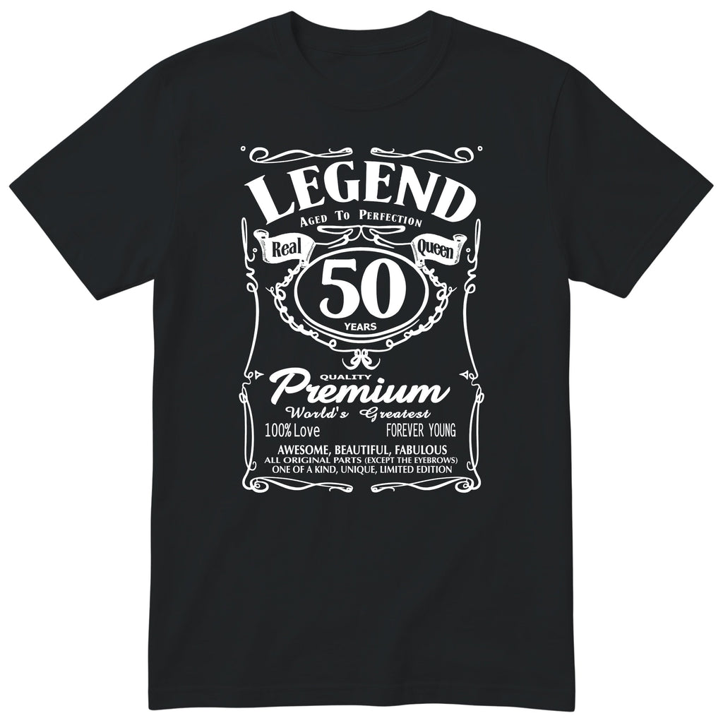 Legend Real Queen 50th birthday t-shirt for women on black Gildan 64000 vintage label