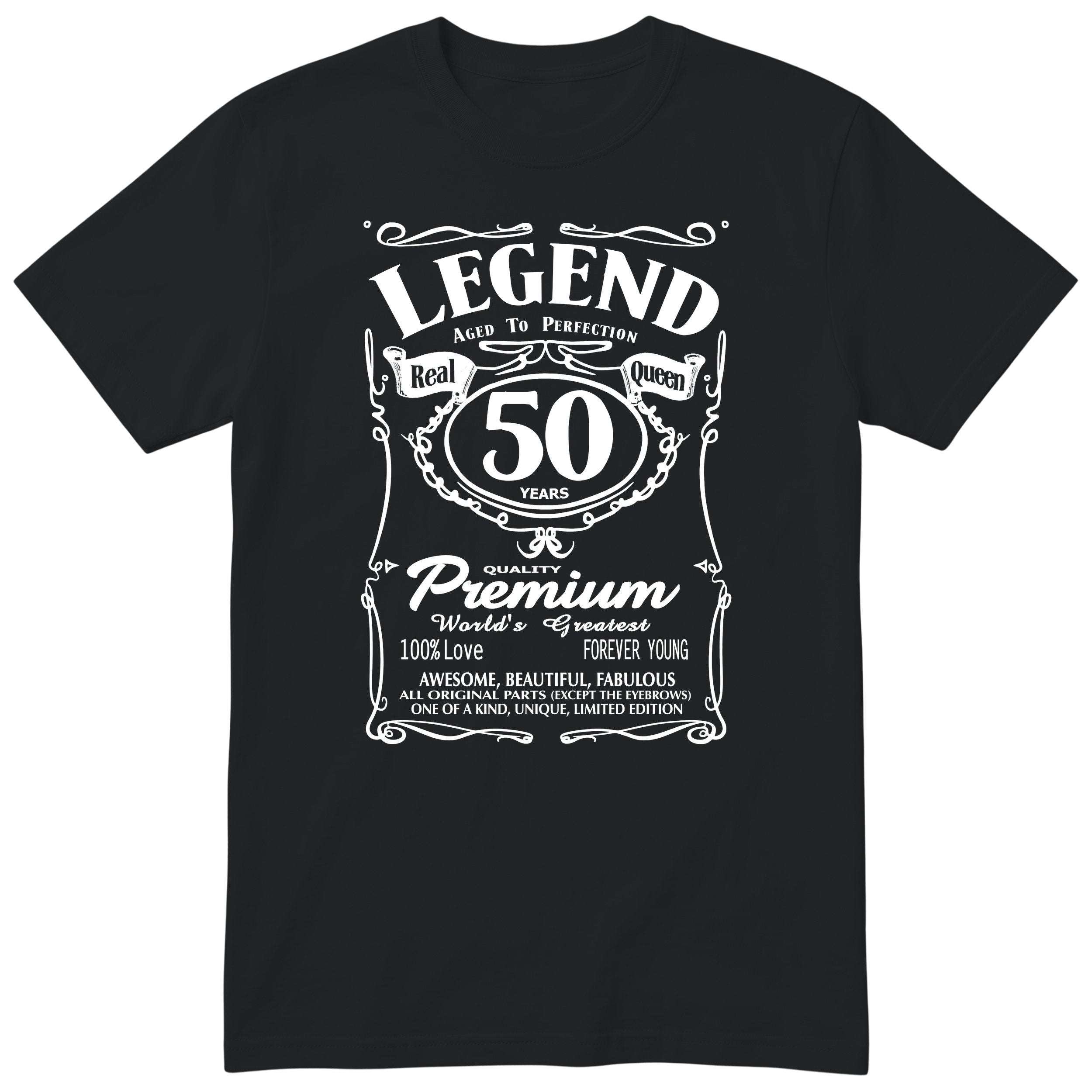 Legend Real Queen 50th birthday t-shirt for women on black Gildan 64000 vintage label