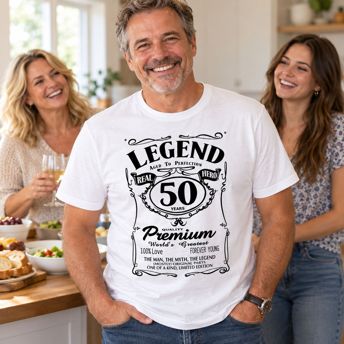 Legend 50 Years Real Hero t-shirt in white - man at a party with family, 50th birthday gift