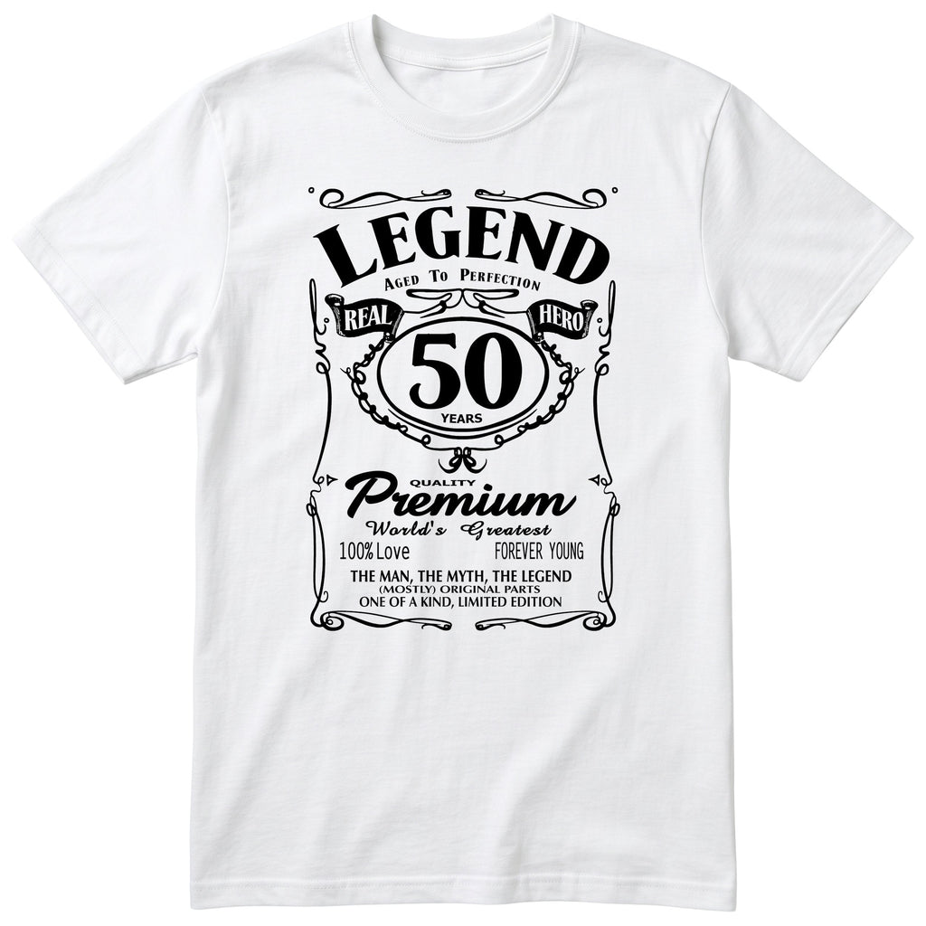 Legend 50th Birthday T-Shirt - Retro Label Gift for Him - White