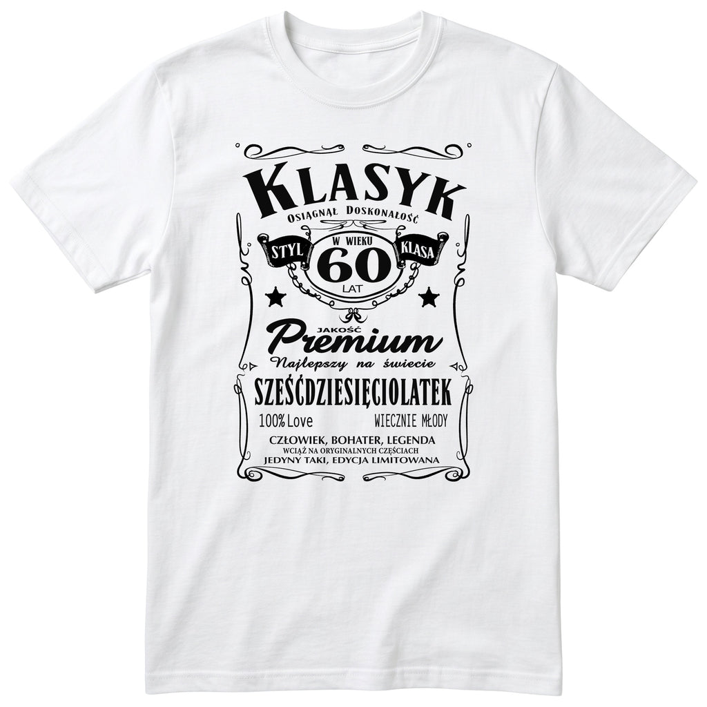 Śmieszna polska koszulka urodzinowa na 60 lat dla mężczyzny - vintage label design Klasyk Człowiek Bohater Legenda