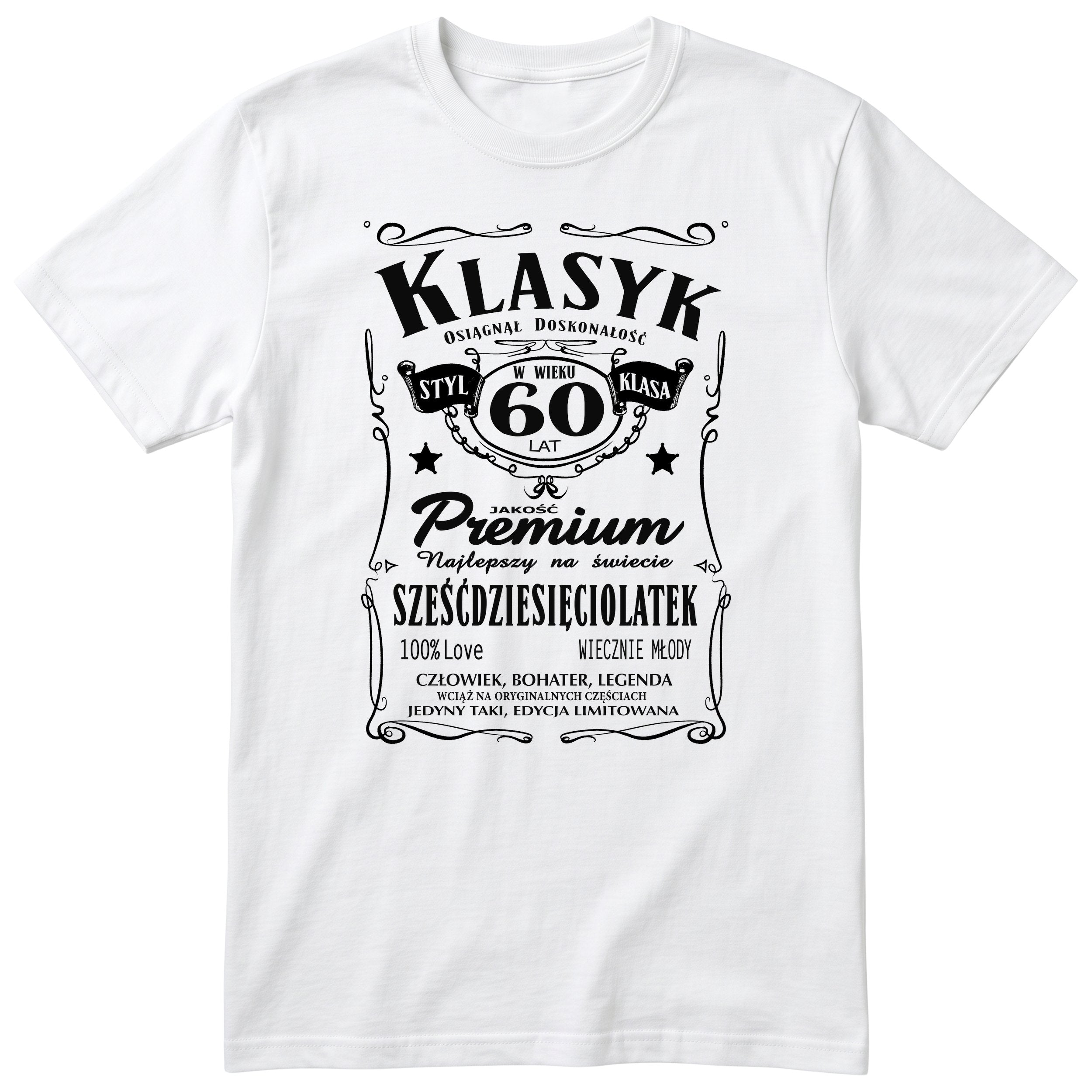 Śmieszna polska koszulka urodzinowa na 60 lat dla mężczyzny - vintage label design Klasyk Człowiek Bohater Legenda