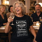 Koszulka Legenda 60 Lat Sześćdziesięciolatka w kolorze czarnym - kobieta wznosi toast przy kolacji z przyjaciółmi, prezent na 60 urodziny