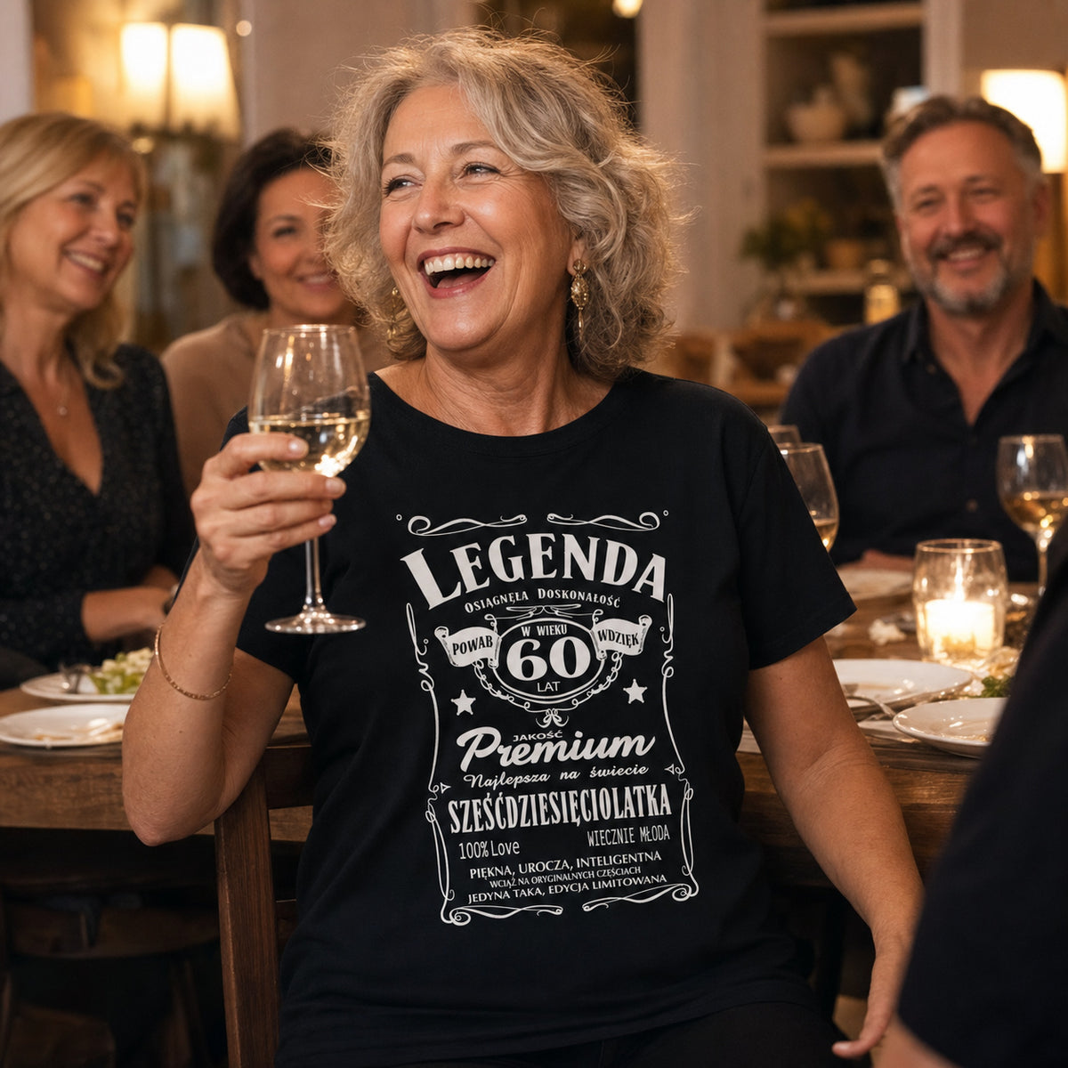 Koszulka Legenda 60 Lat Sześćdziesięciolatka w kolorze czarnym - kobieta wznosi toast przy kolacji z przyjaciółmi, prezent na 60 urodziny