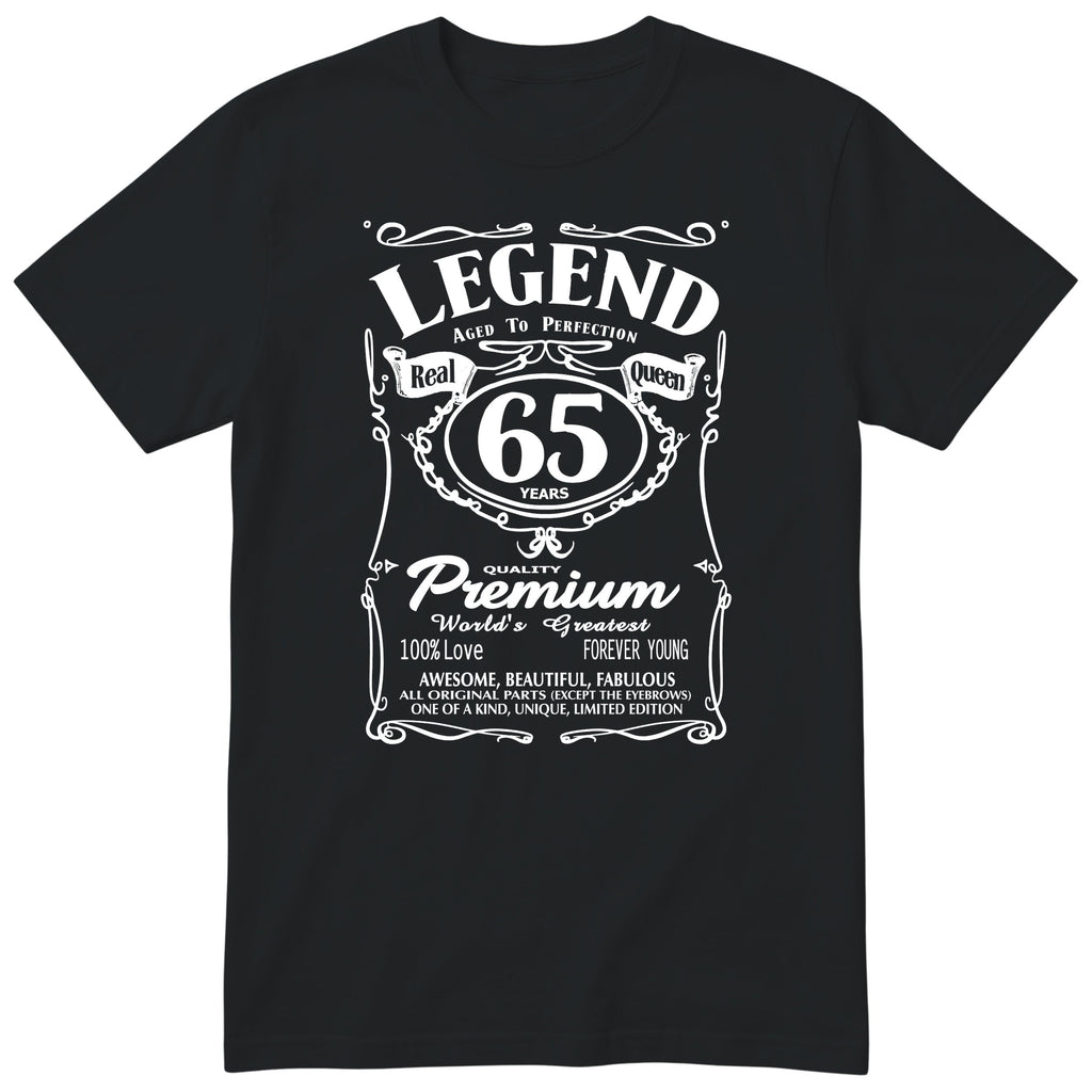 Legend Real Queen 65th birthday t-shirt for women on black Gildan 64000 vintage label