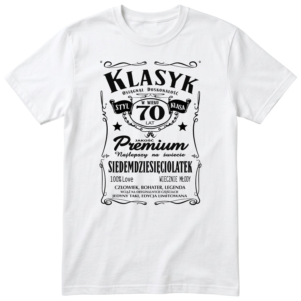 Śmieszna polska koszulka urodzinowa na 70 lat dla mężczyzny - vintage label design Klasyk Człowiek Bohater Legenda