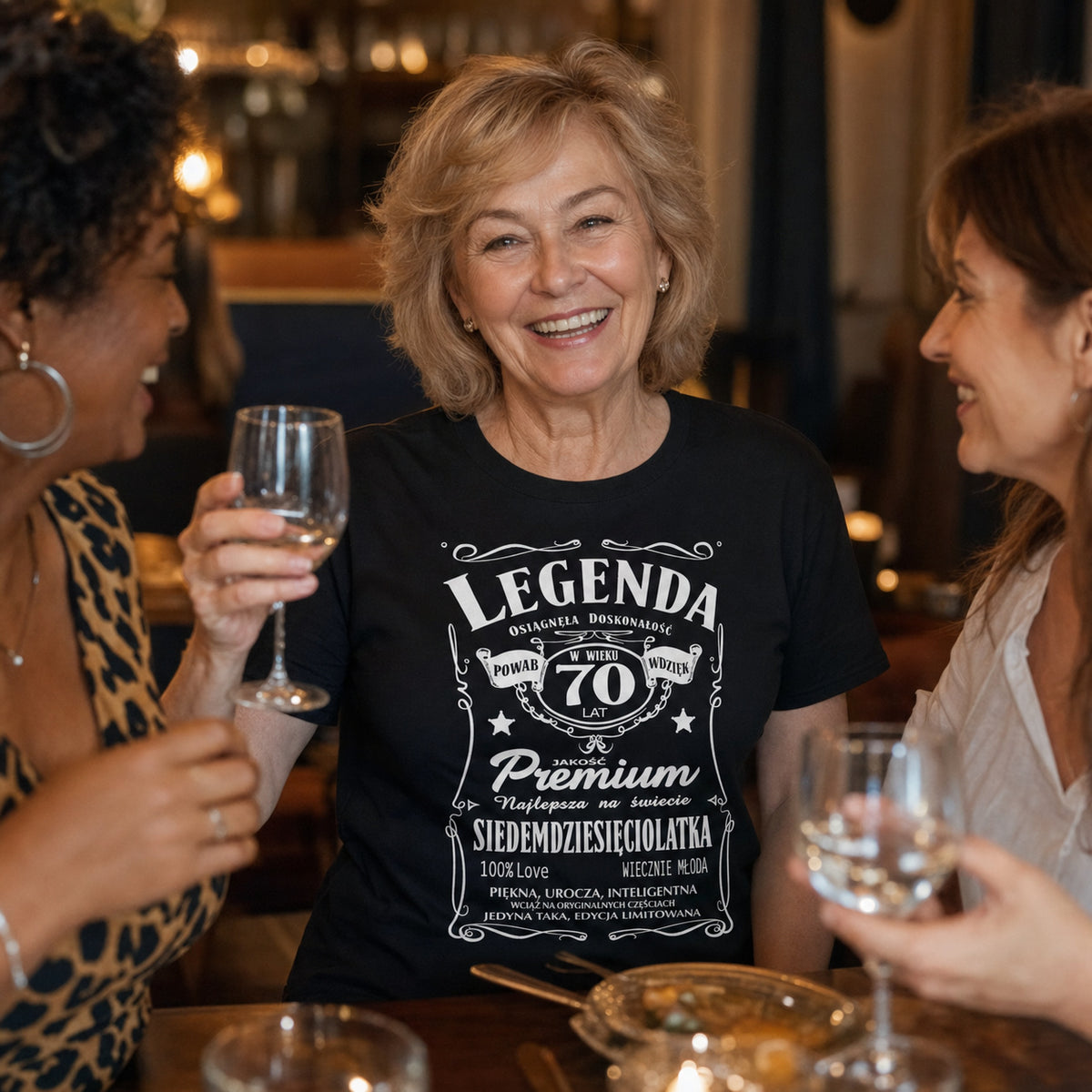 Koszulka Legenda 70 Lat Siedemdziesięciolatka w kolorze czarnym - kobieta wznosi toast z przyjaciółkami, prezent na 70 urodziny