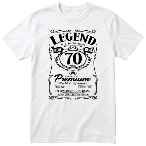Legend 70th Birthday T-Shirt - Retro Label Gift for Grandad - White