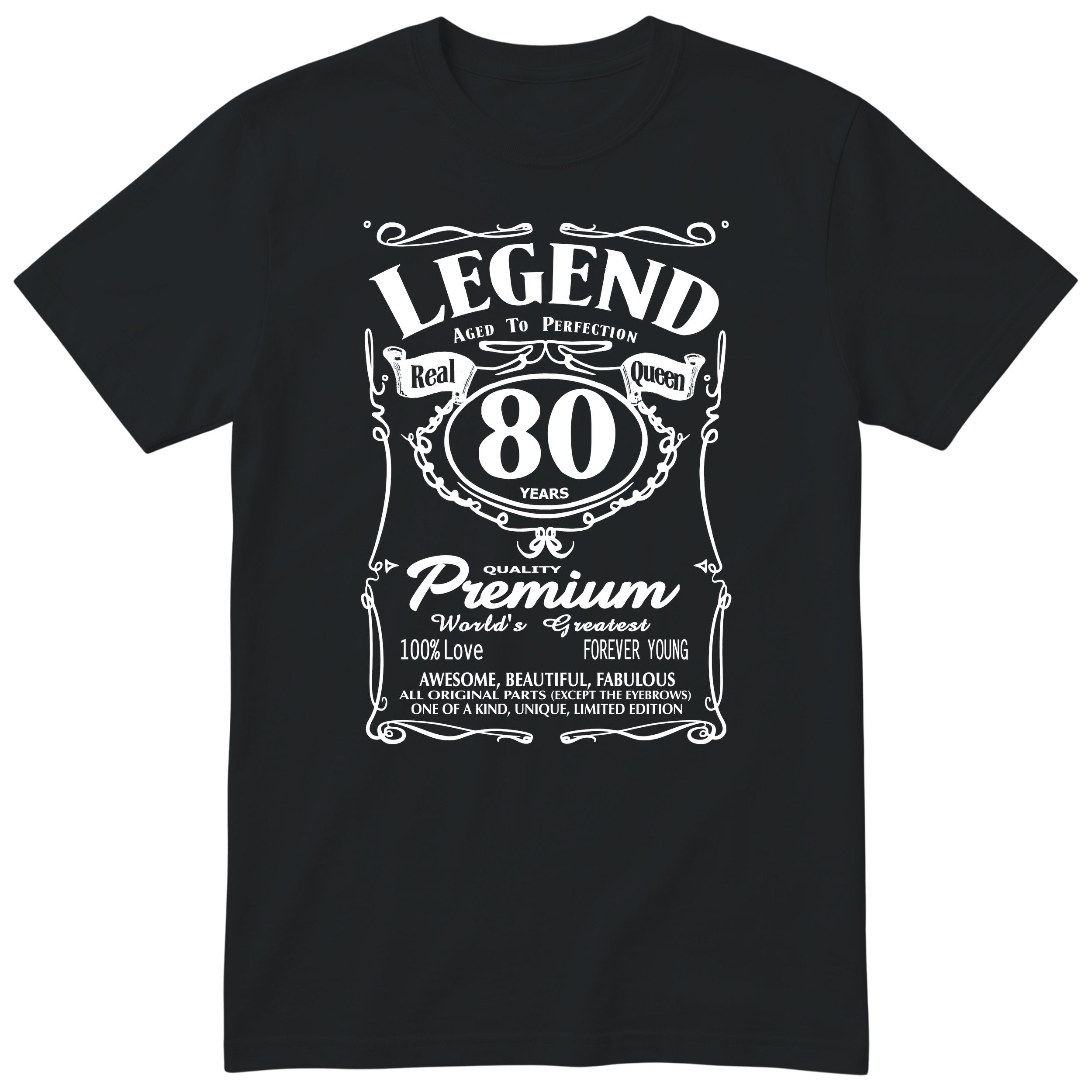 Legend Real Queen 80th birthday t-shirt for women on black Gildan 64000 vintage label