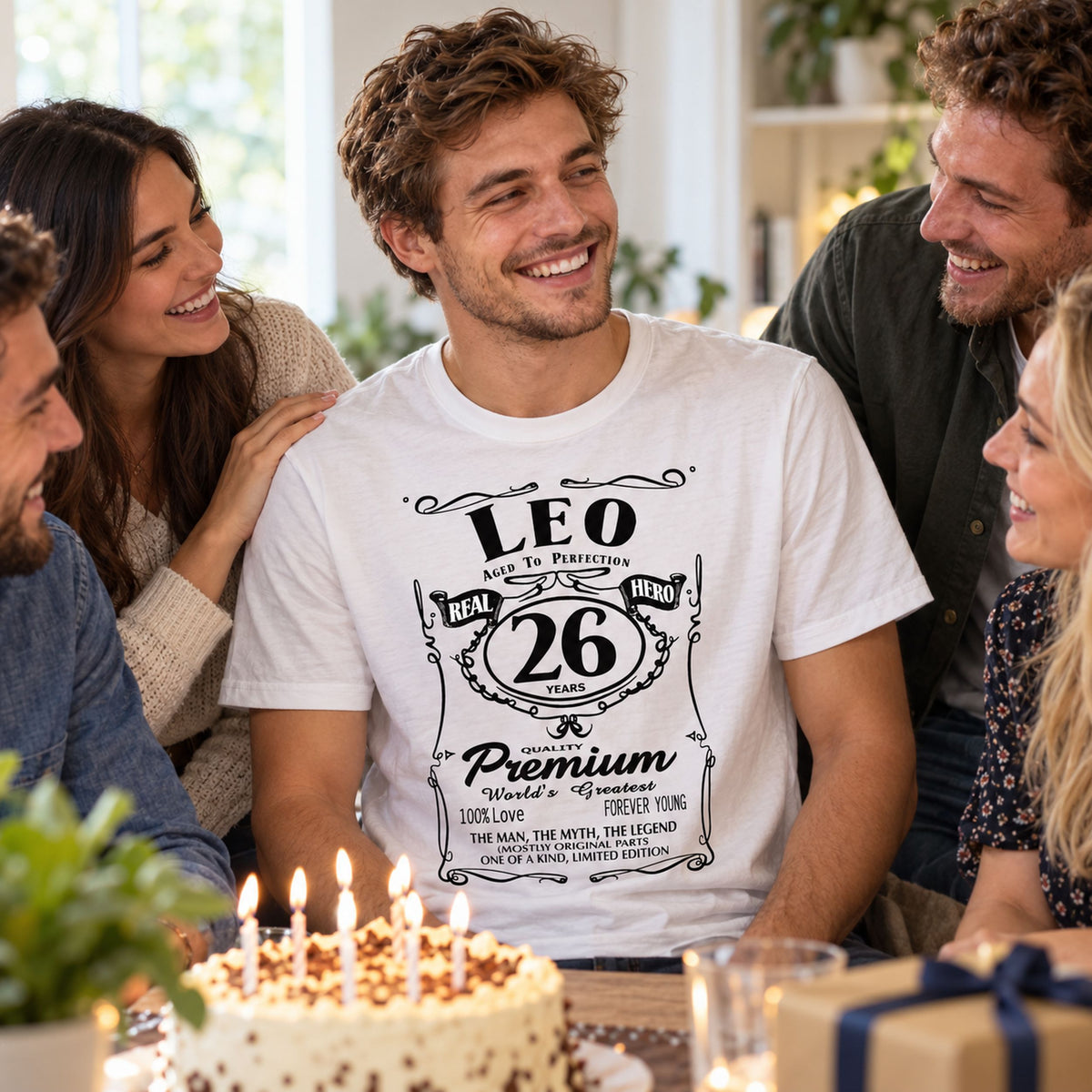 Personalised whisky label birthday t-shirt in white with name LEO and age 26 - birthday party with cake and friends, personalised gift for him