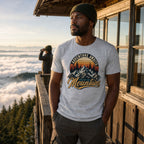 Adventure Awaits Explore the Mountains t-shirt in grey - man on a lookout above the clouds, gift for mountain lovers