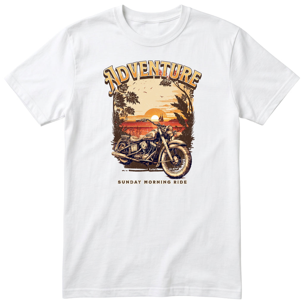 White Adventure Sunday Morning Ride motorcycle t-shirt - vintage motorcycle by the sea at sunrise, palm trees and birds, gift for a biker