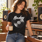 Analog Sound Vinyl Records t-shirt in black - woman with a mug of coffee by her hi-fi and turntable at home, gift for audiophiles and vinyl lovers