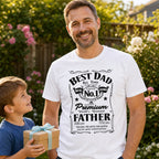 Best Dad Real Hero t-shirt in white - son gives dad a wrapped present in the garden, Father's Day gift