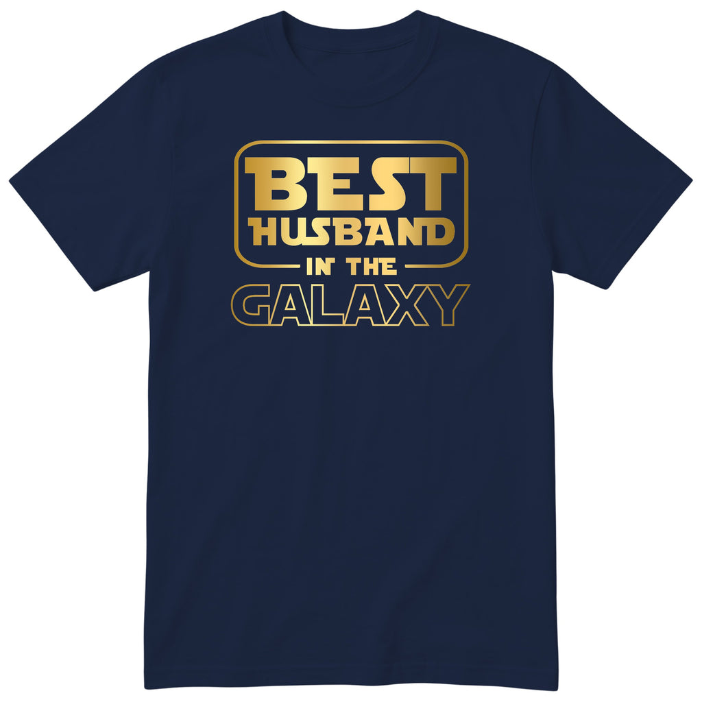 Navy Best Husband In The Galaxy t-shirt with gold space-age lettering - anniversary gift for husband from wife, English print