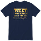Navy Best Husband In The Galaxy t-shirt with gold space-age lettering - anniversary gift for husband from wife, English print