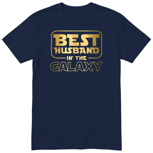 Navy Best Husband In The Galaxy t-shirt with gold space-age lettering - anniversary gift for husband from wife, English print