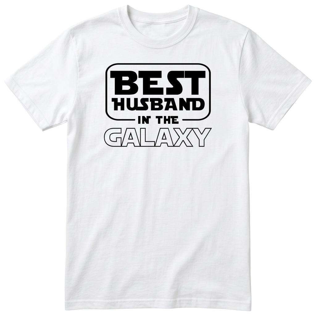 White Best Husband In The Galaxy t-shirt with bold space-age lettering - funny gift for husband from wife, English print