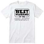 White Best Husband In The Galaxy t-shirt with bold space-age lettering - funny gift for husband from wife, English print