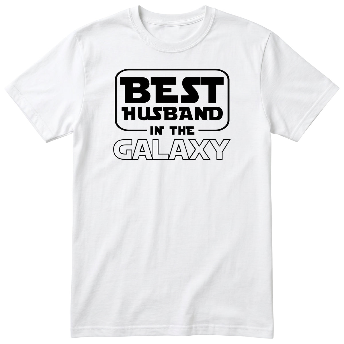 White Best Husband In The Galaxy t-shirt with bold space-age lettering - funny gift for husband from wife, English print