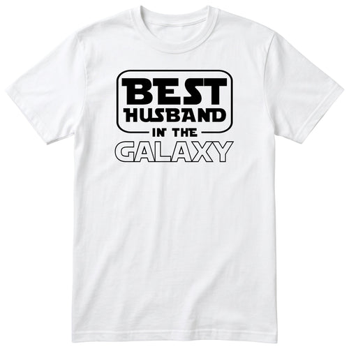 White Best Husband In The Galaxy t-shirt with bold space-age lettering - funny gift for husband from wife, English print