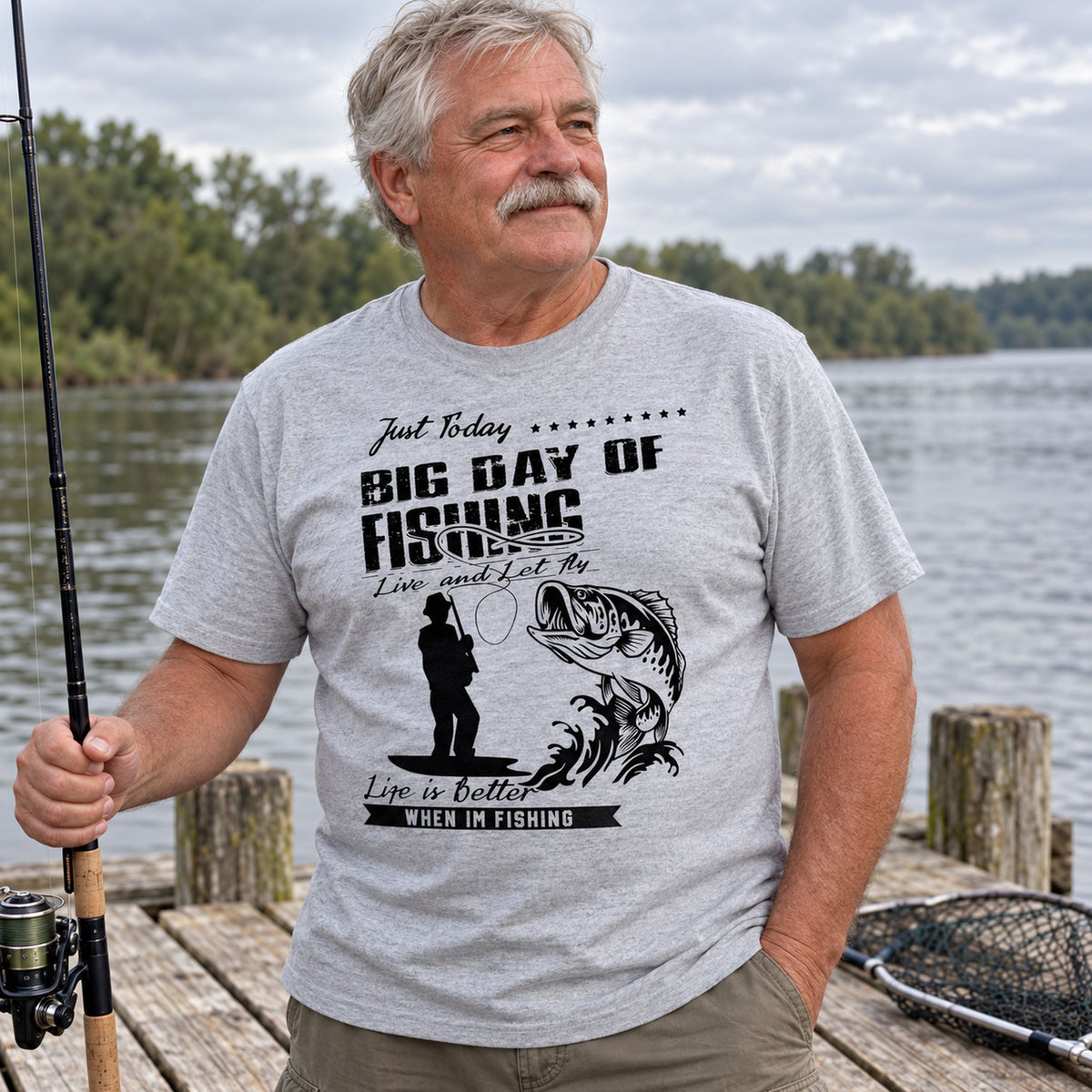 Big Day of Fishing t-shirt in white - smiling man in a green jacket in the woods, gift for an angler