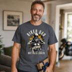 Biker Dad Legend t-shirt in charcoal - dad holding a present at home with a motorcycle in the background, Father's Day gift