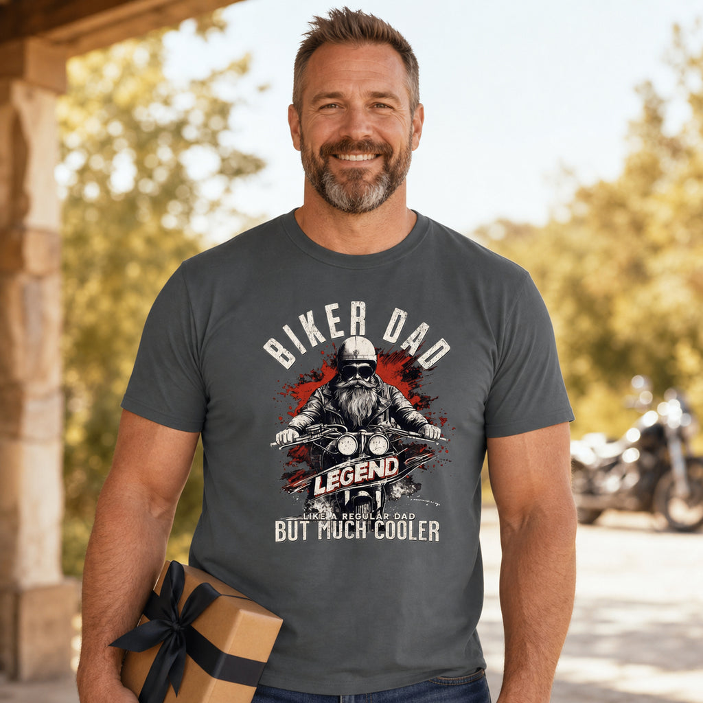 Biker Dad Legend t-shirt in charcoal - dad holding a present on a porch with motorcycles, Father's Day gift