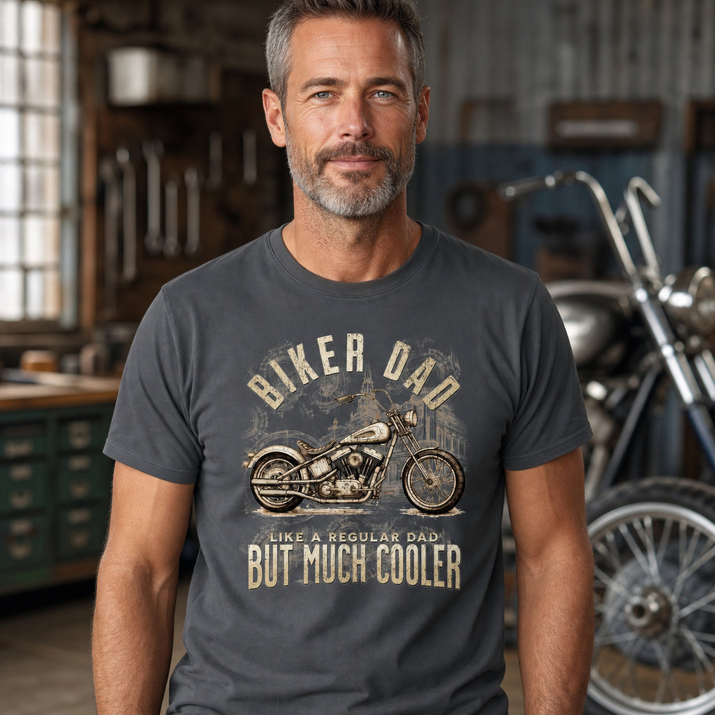 Biker Dad Chopper t-shirt in charcoal - man in a motorcycle workshop, Father's Day gift