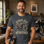 Biker Dad Vintage Bike t-shirt in charcoal - dad holding a present in a loft with a motorcycle, Father's Day gift