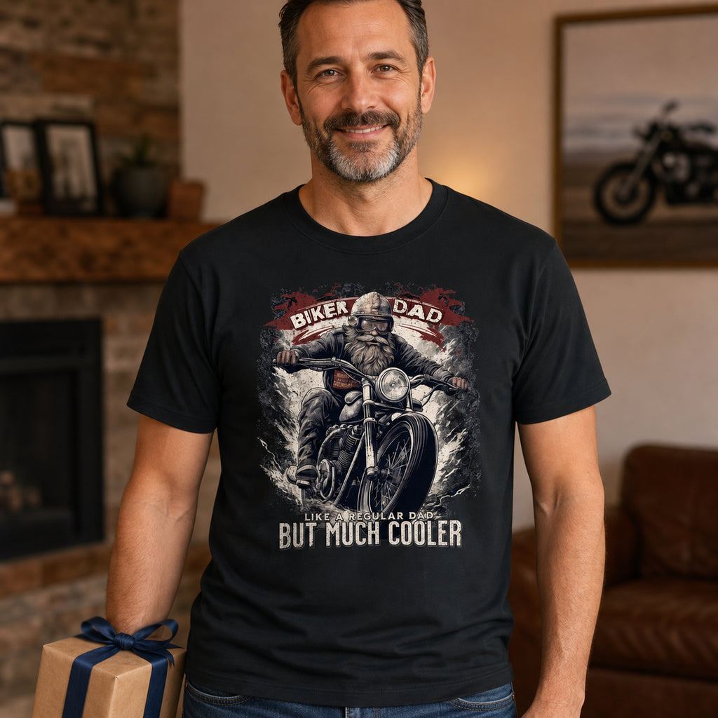 Biker Dad t-shirt in black - dad with a present by the fireplace, Father's Day gift