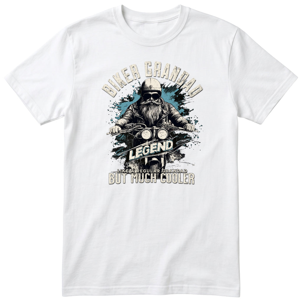 White Biker Grandad Legend T-Shirt t-shirt - bearded biker in a helmet and sunglasses on a motorcycle, the word LEGEND and a blue paint splash, gift for grandad