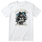 White Biker Grandad Legend T-Shirt t-shirt - bearded biker in a helmet and sunglasses on a motorcycle, the word LEGEND and a blue paint splash, gift for grandad