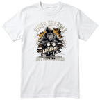 White Biker Grandad Legend Shirt t-shirt - bearded biker in a helmet and sunglasses on a motorcycle, the word LEGEND and a orange paint splash, gift for grandad