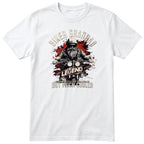 White Biker Grandad Legend t-shirt - bearded biker in a helmet and sunglasses on a motorcycle, the word LEGEND and a red paint splash, gift for grandad