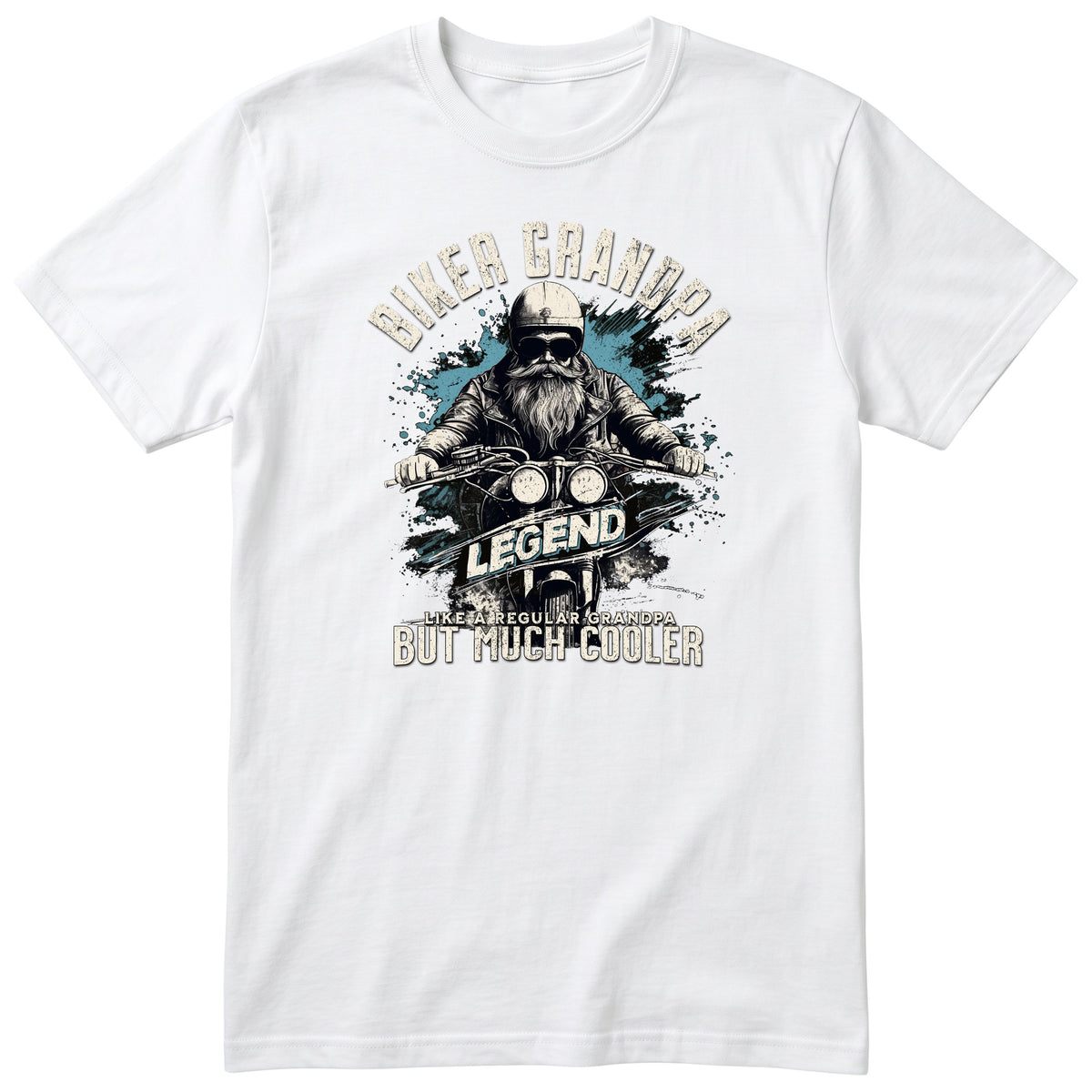White Biker Grandpa Legend T-Shirt t-shirt - bearded biker in a helmet and sunglasses on a motorcycle, the word LEGEND and a blue paint splash, gift for grandpa