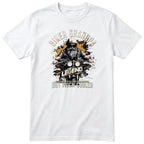 White Biker Grandpa Legend Shirt t-shirt - bearded biker in a helmet and sunglasses on a motorcycle, the word LEGEND and a orange paint splash, gift for grandpa