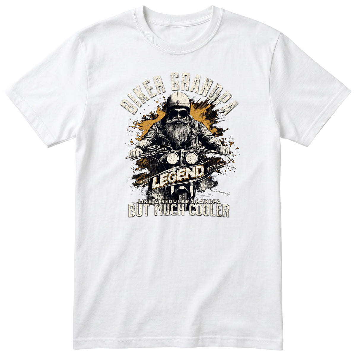 White Biker Grandpa Legend Shirt t-shirt - bearded biker in a helmet and sunglasses on a motorcycle, the word LEGEND and a orange paint splash, gift for grandpa