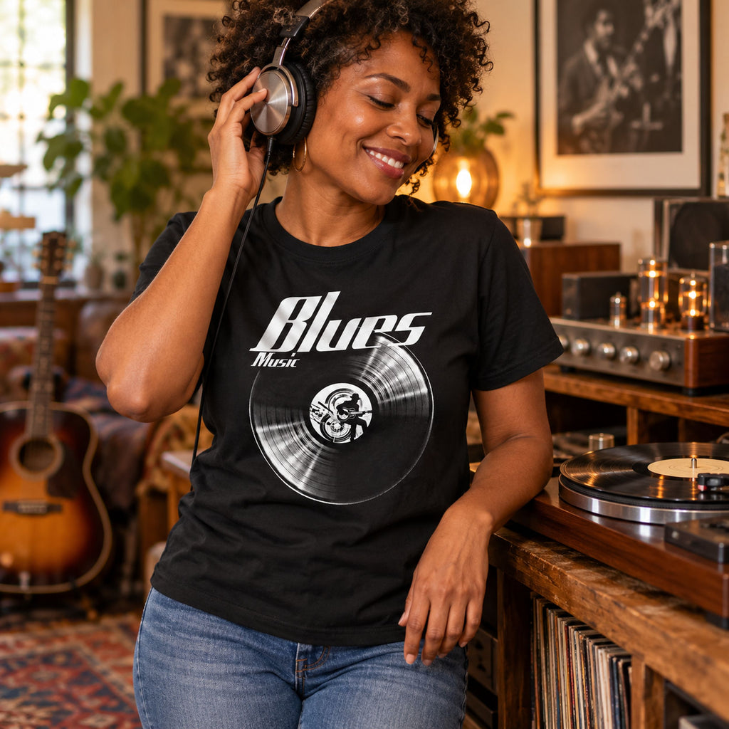 Blues Music Vinyl Records t-shirt in black - woman in headphones relaxing in a listening room full of guitars, gift for blues fans