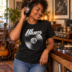 Blues Music Vinyl Records t-shirt in black - woman in headphones relaxing in a listening room full of guitars, gift for blues fans