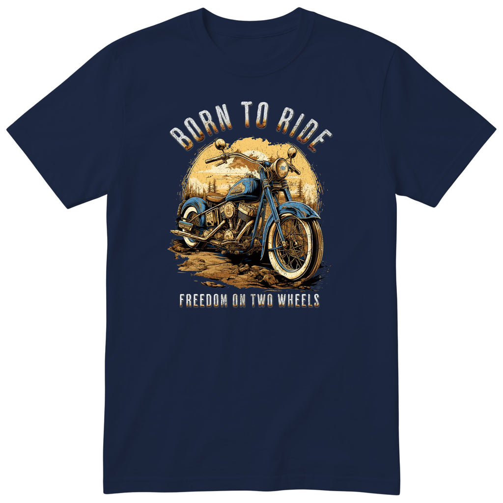 Navy Born to Ride motorcycle t-shirt - blue vintage motorcycle on a dirt track with a forest sunset behind, gift for a biker