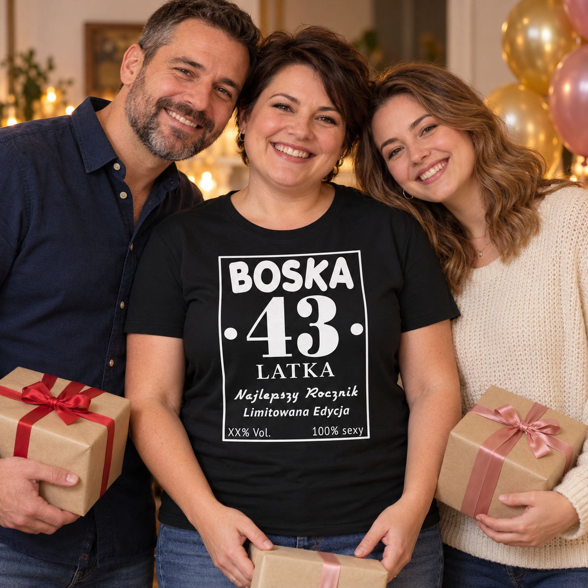 Solenizantka w czarnej koszulce „Boska 43-latka” w stylu etykiety alkoholu - wiek do wpisania