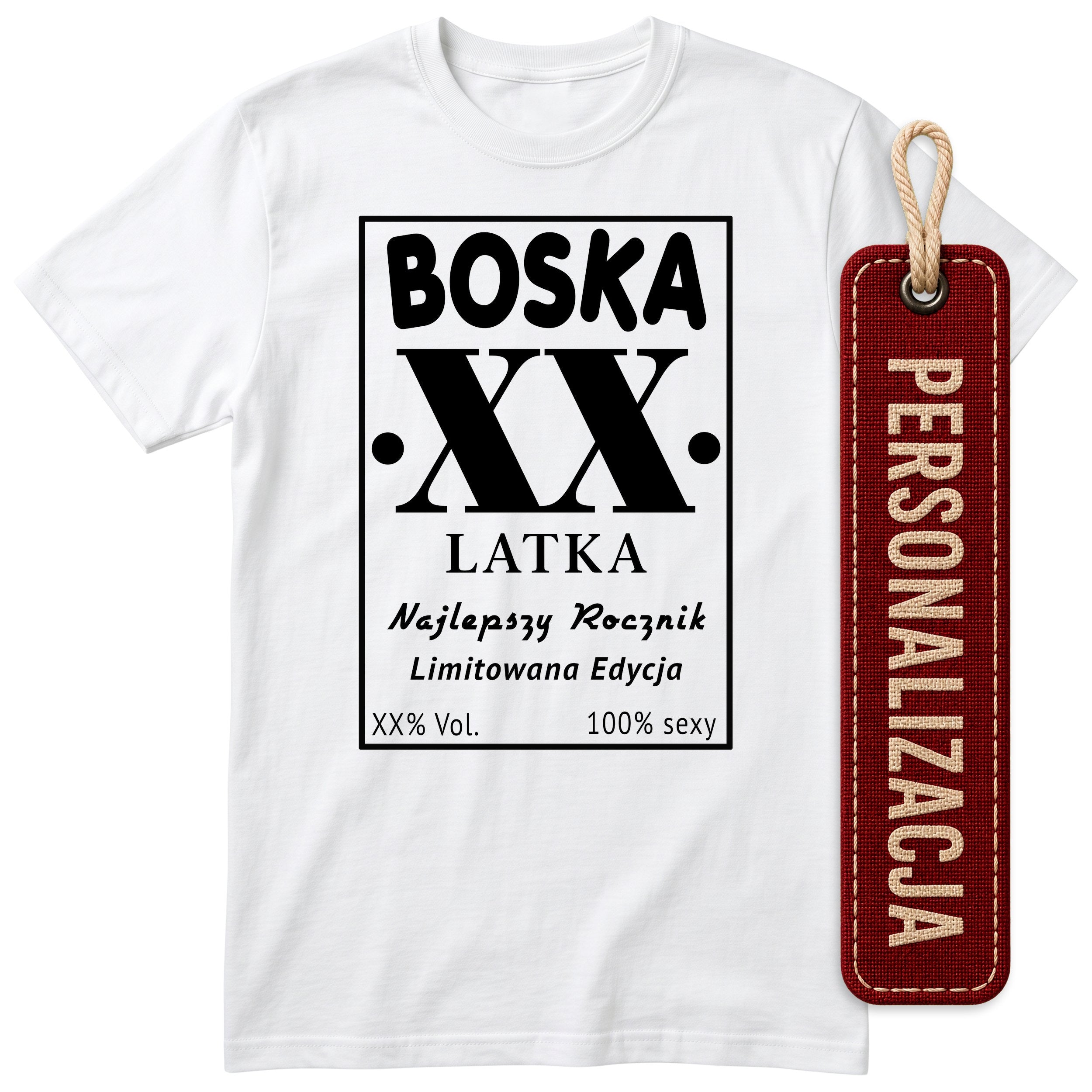 Biała koszulka „BOSKA LATKA” - podgląd personalizacji, wiek wpisujesz przy zamówieniu