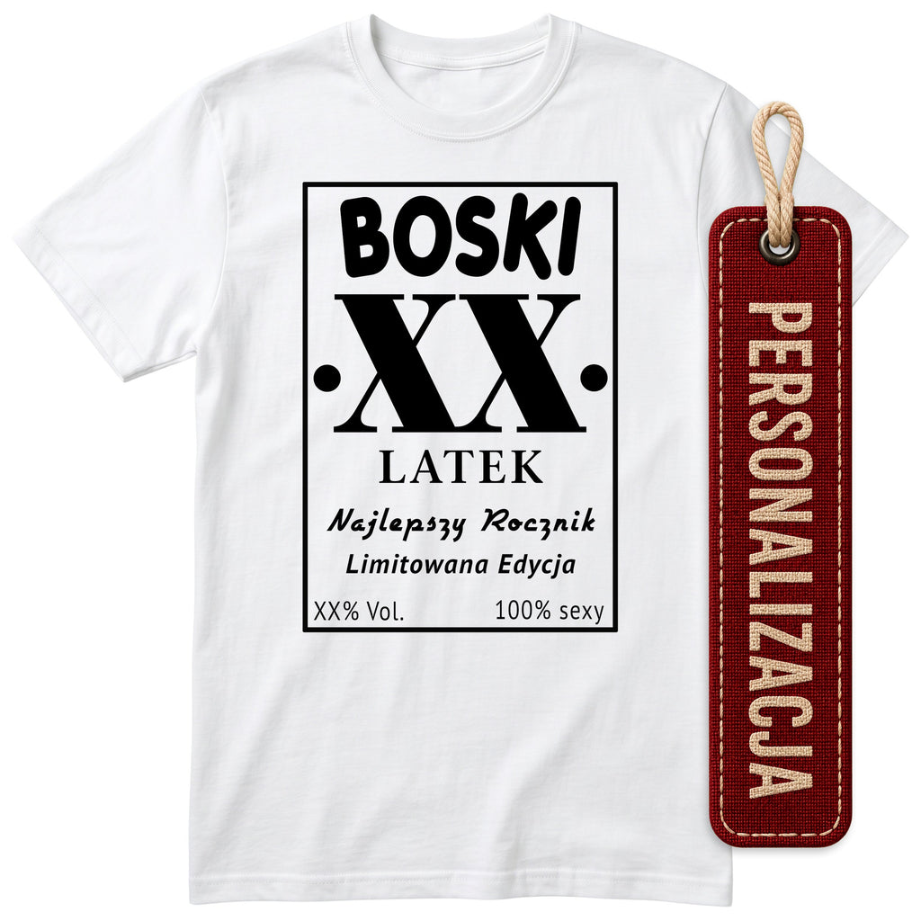 Biała koszulka „BOSKI LATEK” - podgląd personalizacji, wiek wpisujesz przy zamówieniu