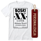 Biała koszulka „BOSKI LATEK” - podgląd personalizacji, wiek wpisujesz przy zamówieniu