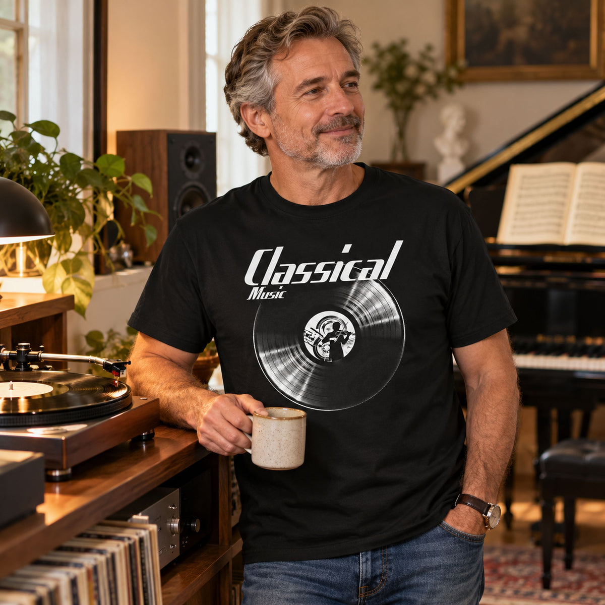 Classical Music Vinyl Records t-shirt in black - man with a mug of coffee by a grand piano and a turntable at home, gift for classical music lovers